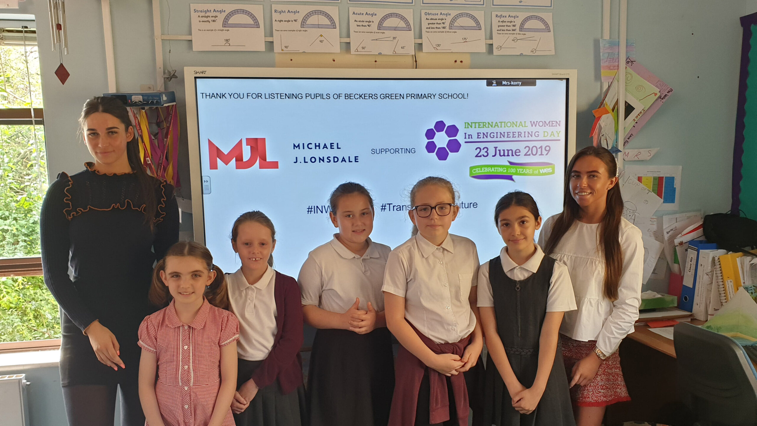 Michael J Lonsdale with Becker Green primary school pupils, visiting for International Women in Engineering Day #INWED19