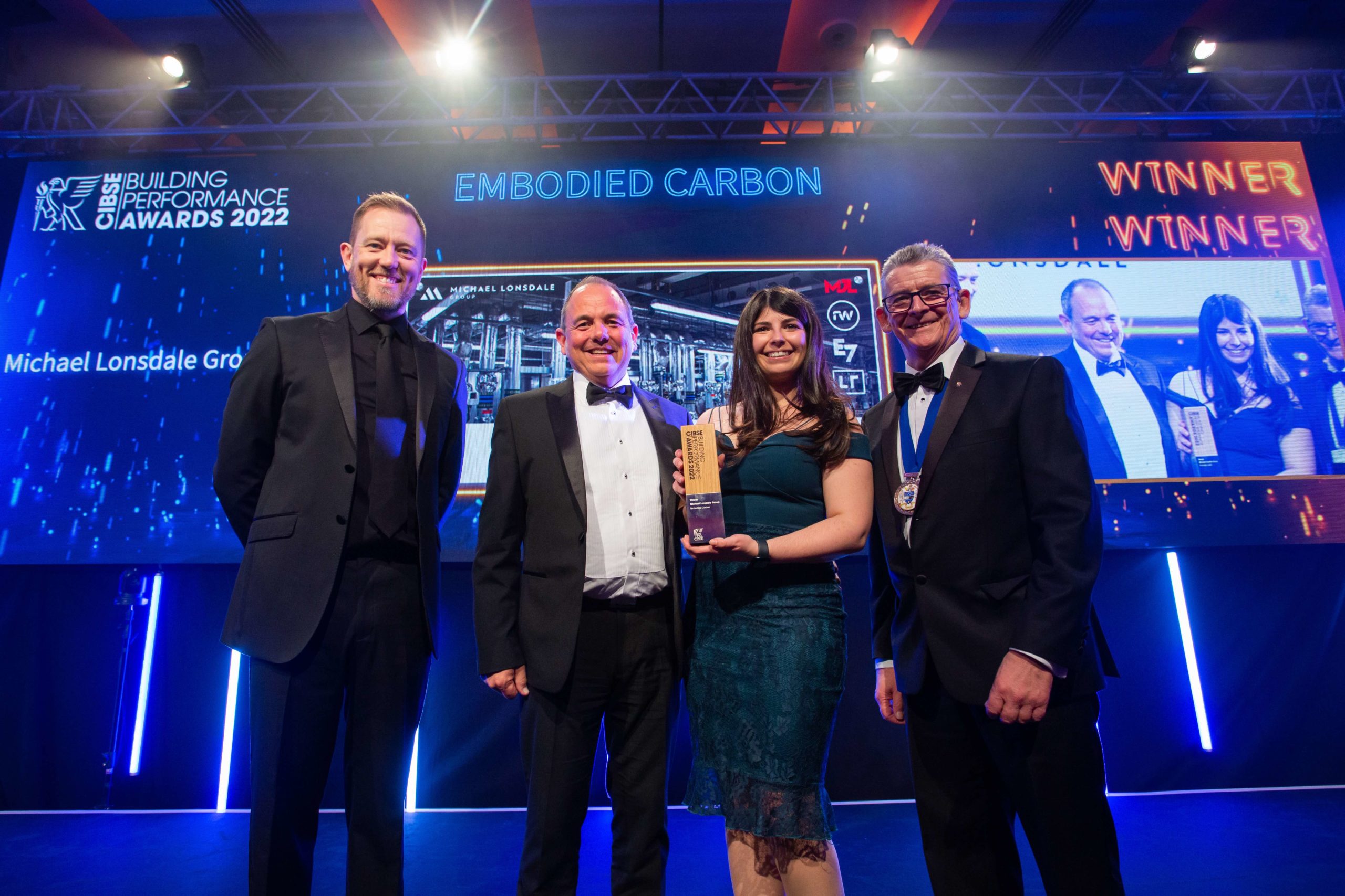 Joanna Constandis with the Embodied Carbon Award at the CIBSE Building Performance Awards 2022.
