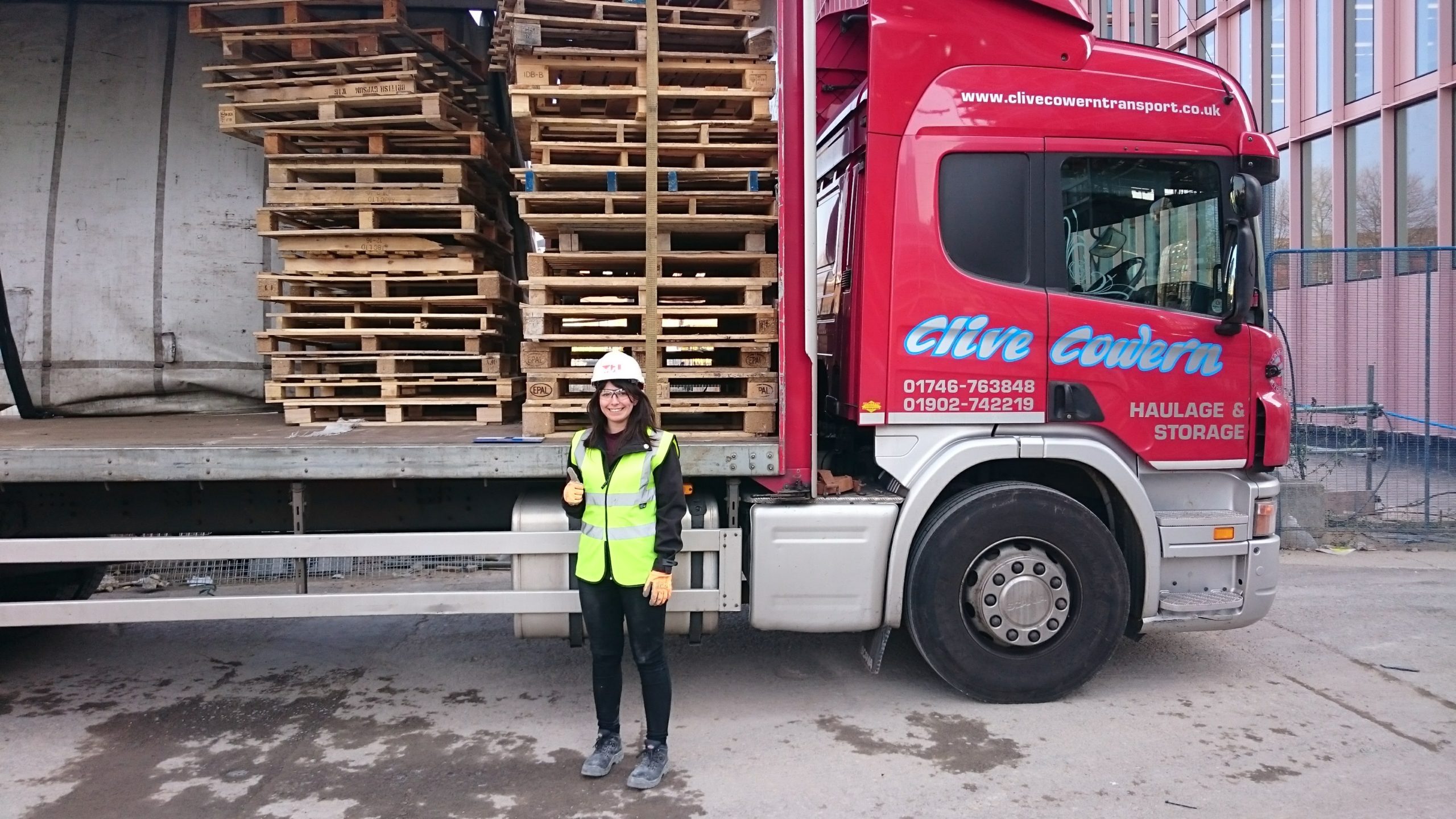 Moving on up: Joanna's first environmental initiative implemented on her first project - returning pallets to suppliers, keeping them out of the waste stream.
